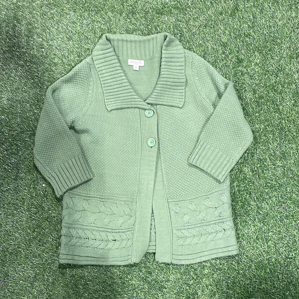 Ladies green 2 button sweater with shawl collar and 3/4 sleeve.